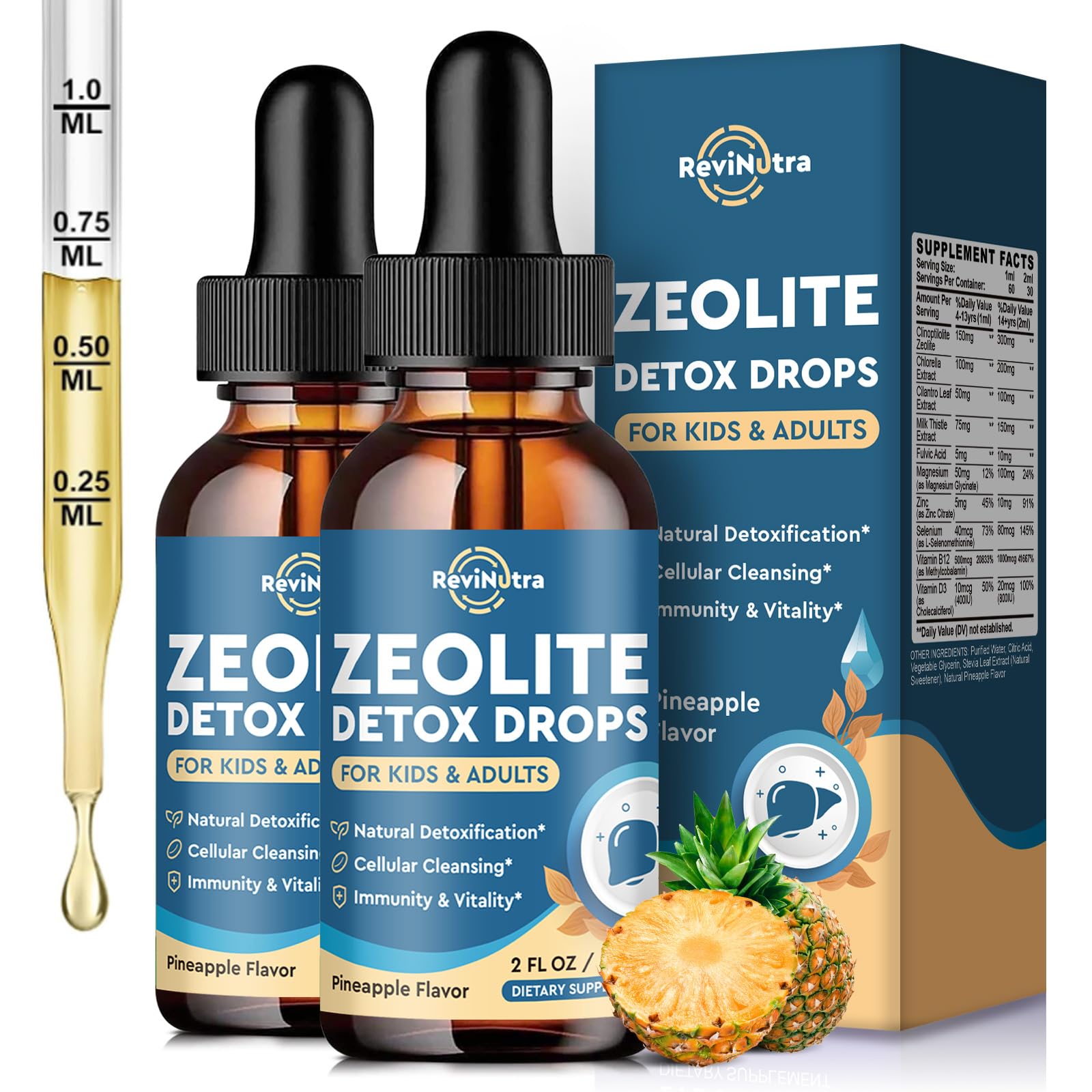 ReviNutra Zeolite Detox bottle front view with pineapple flavor for daily use