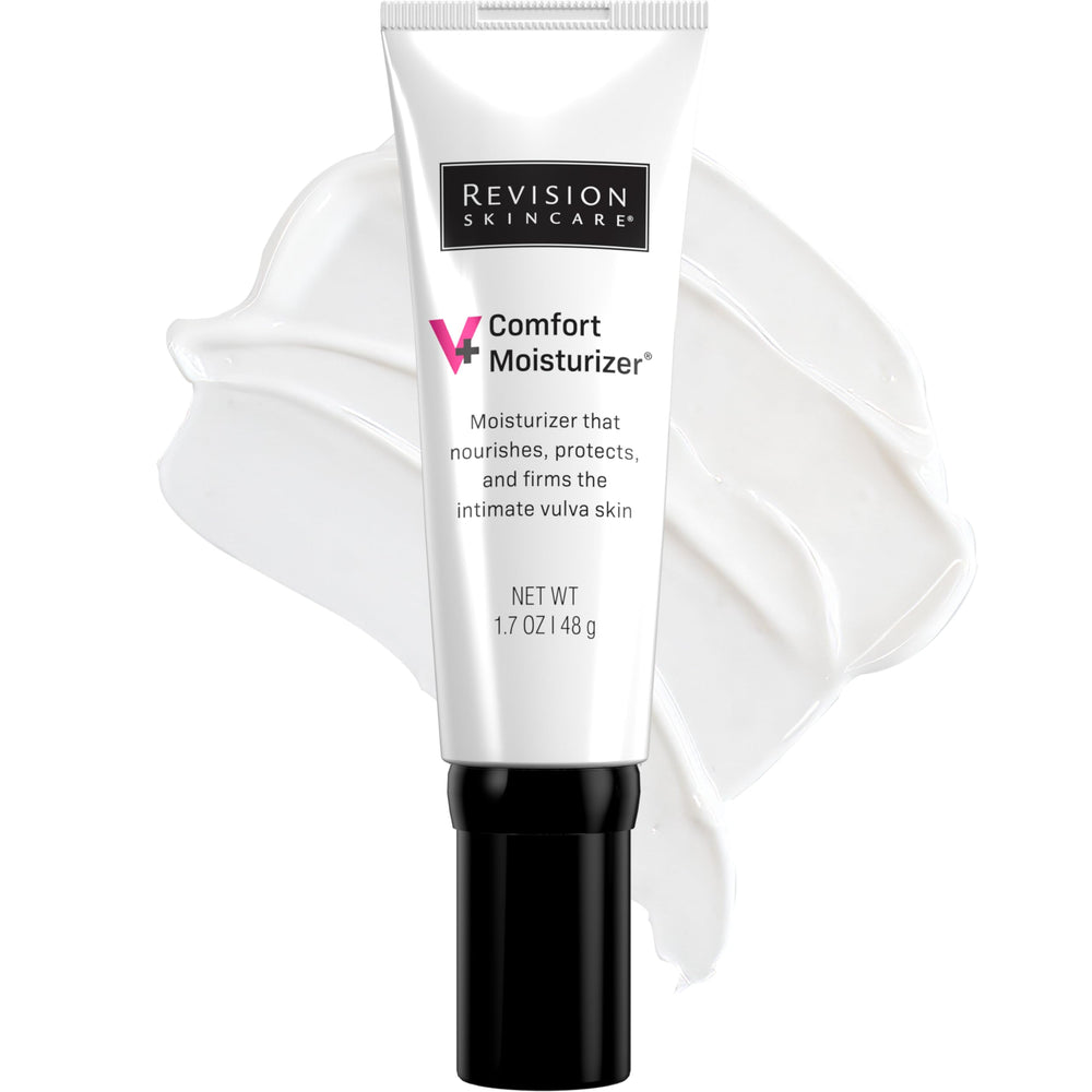 Revision Skincare V+ Comfort Moisturizer bottle close-up for gentle vulvar care and daily hydration.