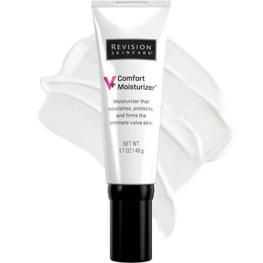 Revision Skincare V+ Comfort Moisturizer bottle close-up for gentle vulvar care and daily hydration.