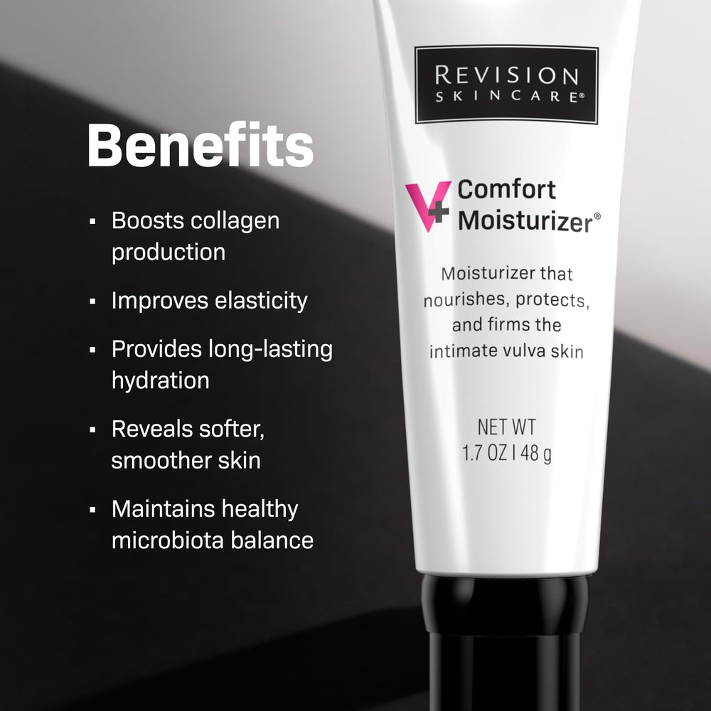 Revision Skincare V+ Comfort Moisturizer texture swatch shows silky, non-greasy formula for sensitive skin.