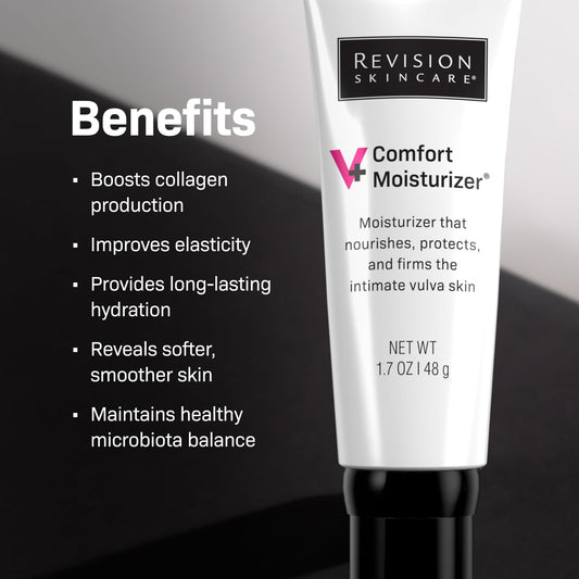 Revision Skincare V+ Comfort Moisturizer texture swatch shows silky, non-greasy formula for sensitive skin.