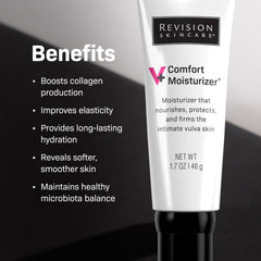 Revision Skincare V+ Comfort Moisturizer texture swatch shows silky, non-greasy formula for sensitive skin.