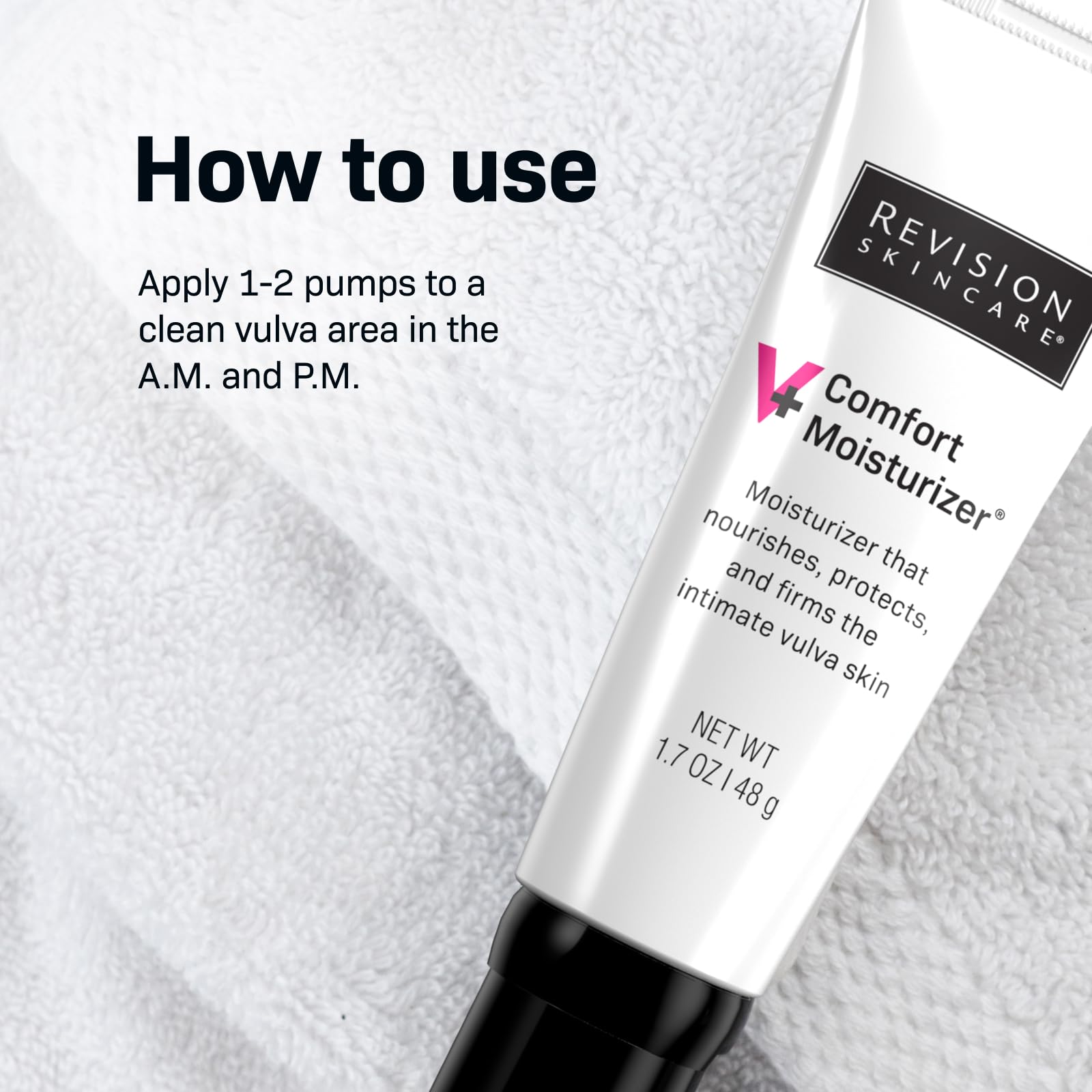 Revision Skincare V+ Comfort Moisturizer tub packaging demonstrates a compact, fragrance-free hydration option.