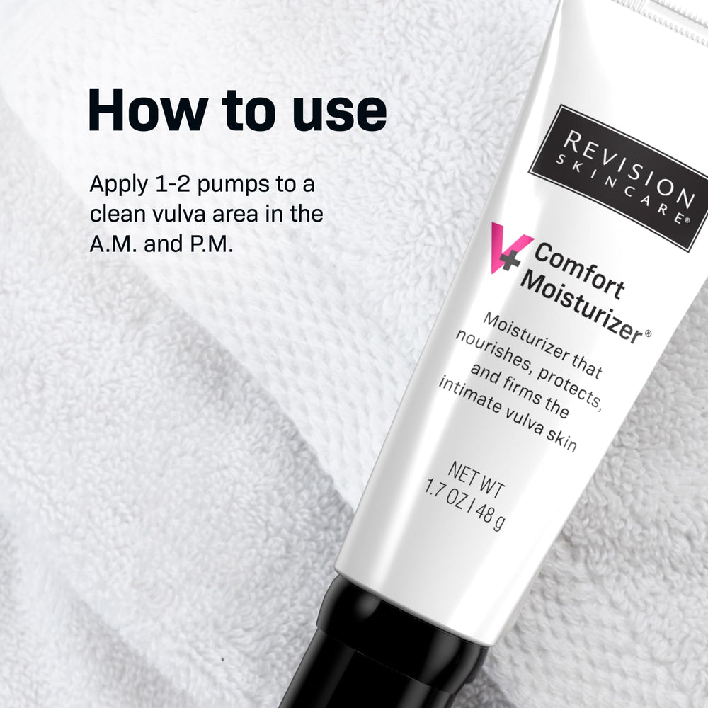 Revision Skincare V+ Comfort Moisturizer tub packaging demonstrates a compact, fragrance-free hydration option.