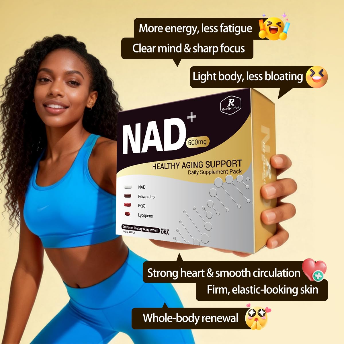RevitaPlus NAD+ resveratrol bottle close-up with antioxidant-rich blend