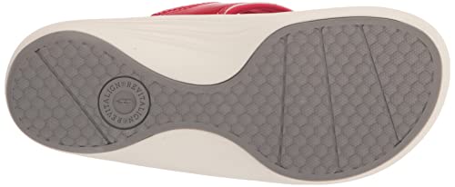 REVITALIGN Yumi sandal strap detail in red patent finish for secure fit.