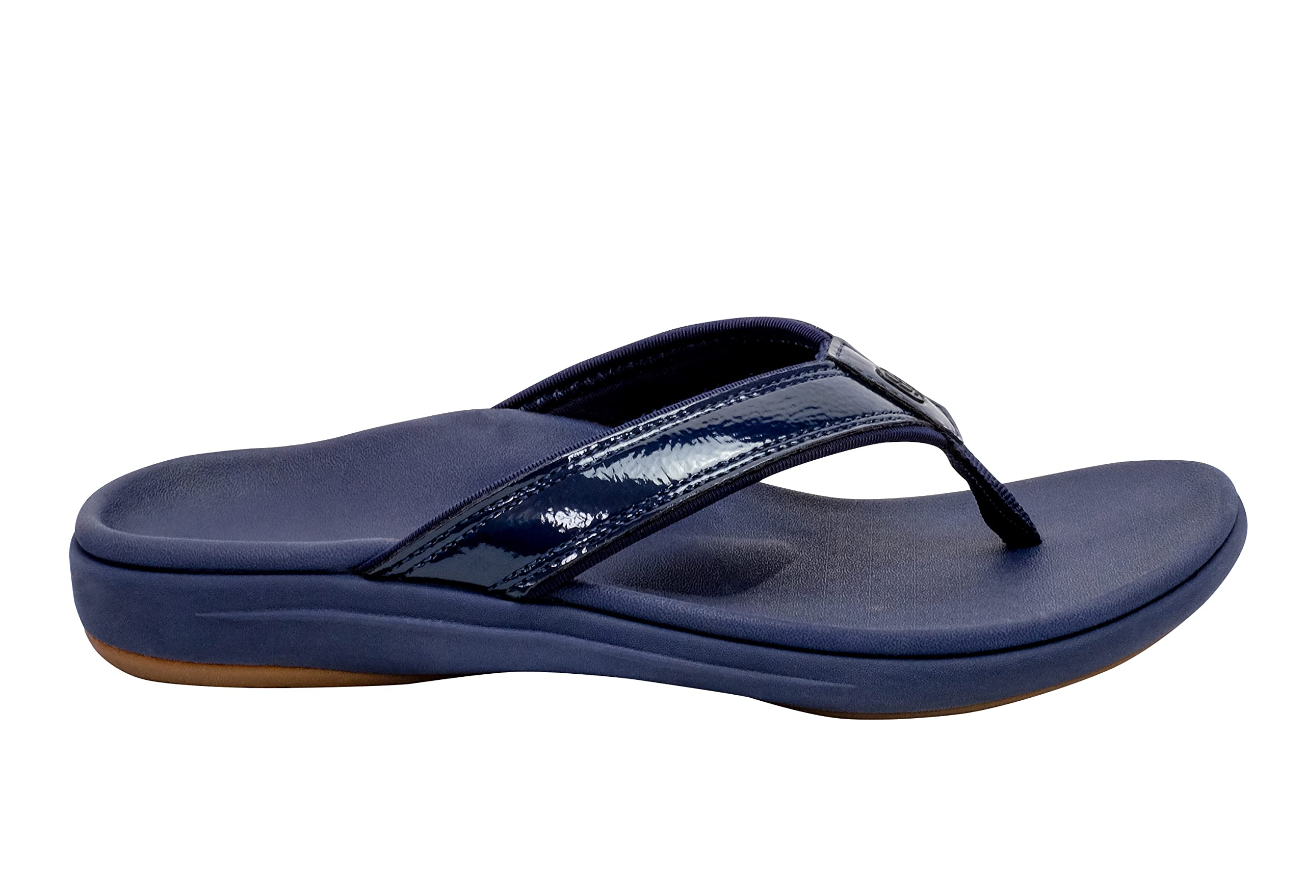 REVITALIGN Yumi sandal close-up of patent leather-like finish for chic style