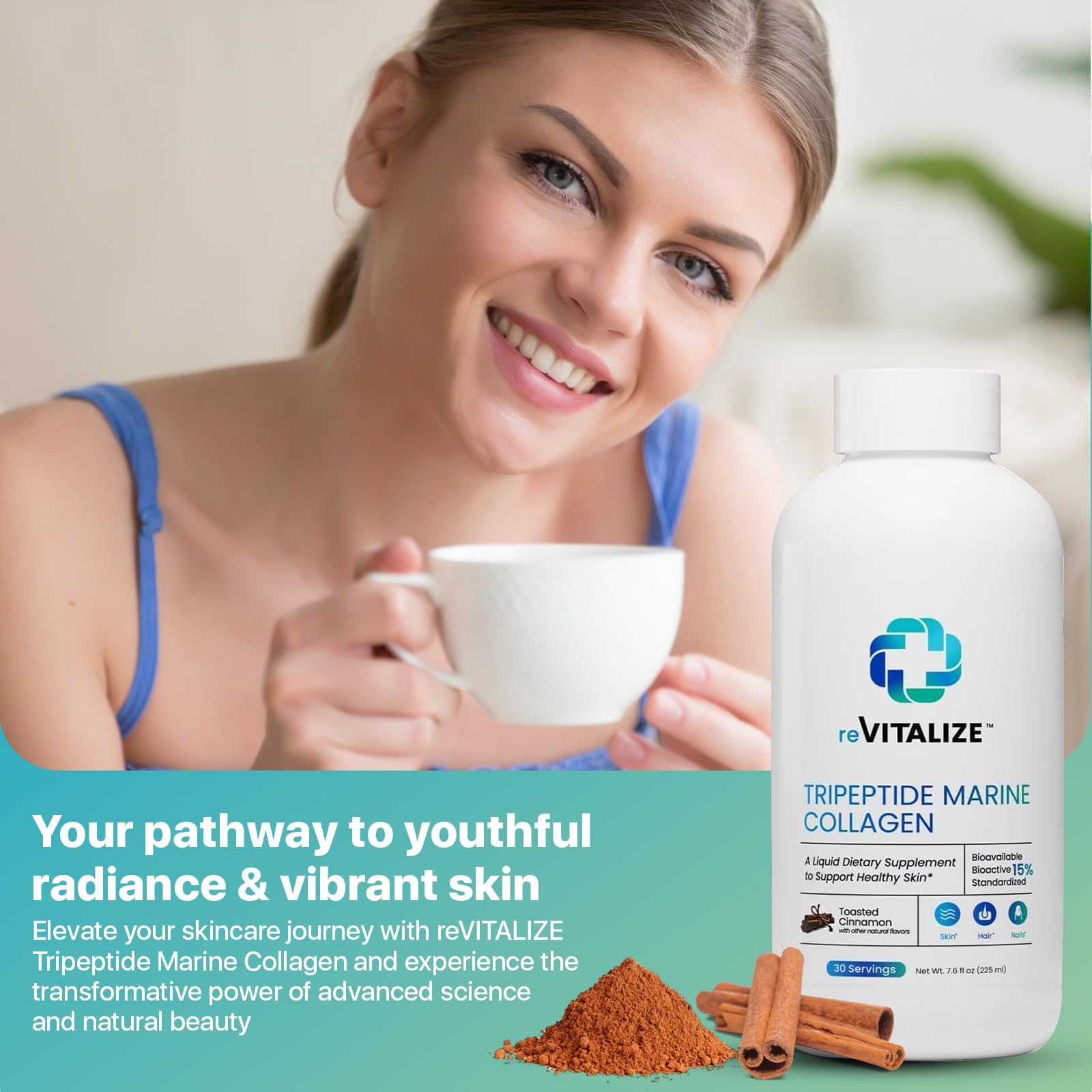 REVITALIZE cinnamon-flavored liquid collagen packaging on countertop