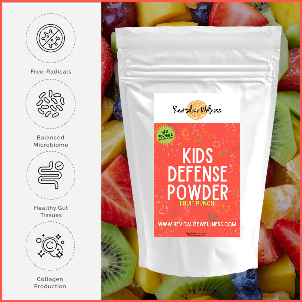 Revitalize Wellness Kids Defense Powder fruit punch flavor shown in a glass invites kids to drink more