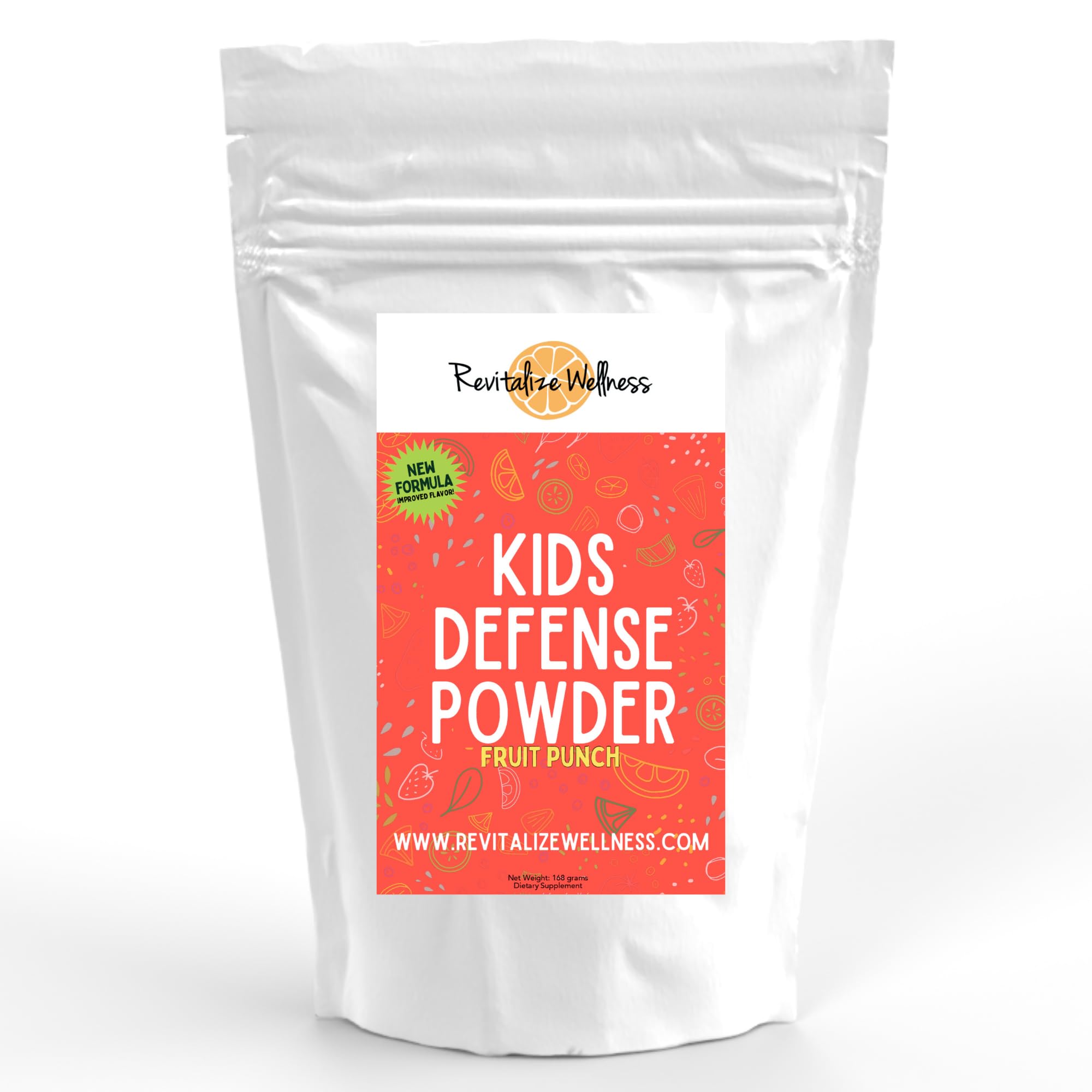 Revitalize Wellness Kids Defense Powder jar front view showing a corn-free, GMO-free formula for daily immune support