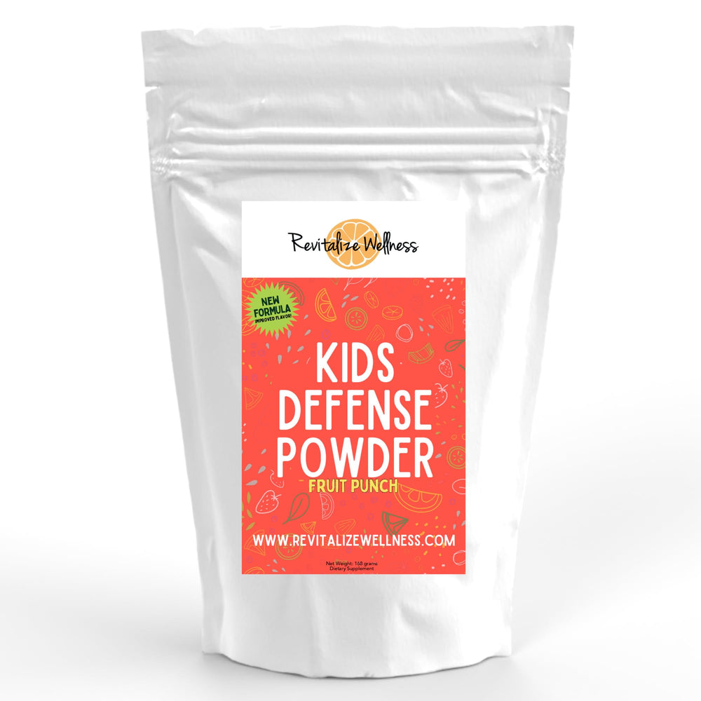 Revitalize Wellness Kids Defense Powder jar front view showing a corn-free, GMO-free formula for daily immune support