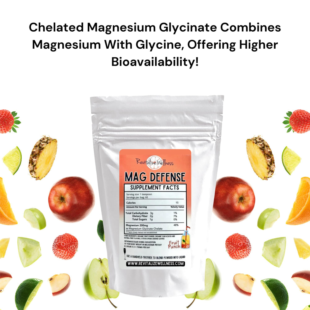 Revitalize Wellness Mag Defense bottle label showing corn free and GMO free ingredients