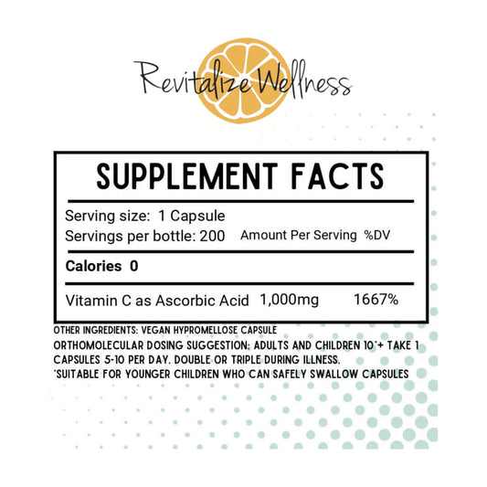 Close-up of Revitalize Wellness Vitamin C capsules showing vegan formula