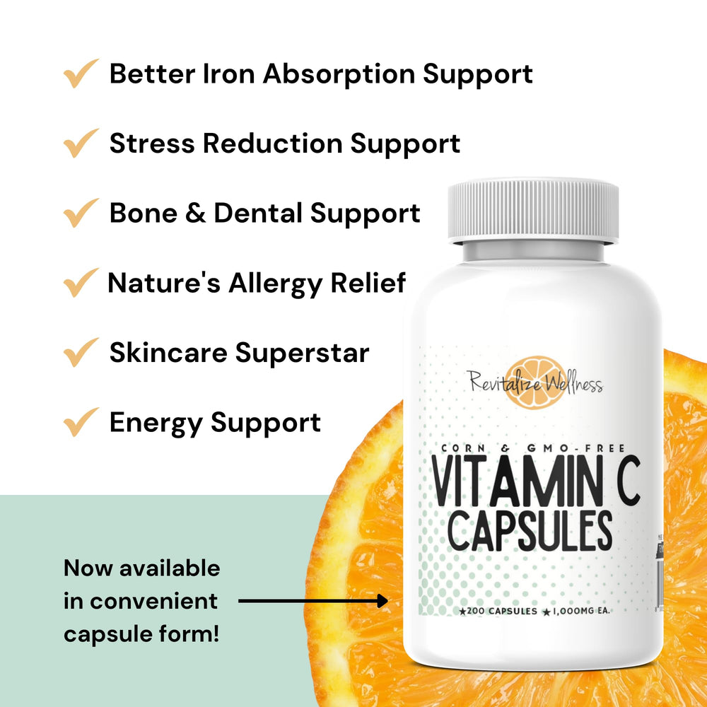 USA-made Revitalize Wellness Vitamin C capsules with Tennessee manufacturing note