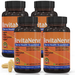 RevitaNerve bottle front label highlights key nerve support ingredients for daily balance.