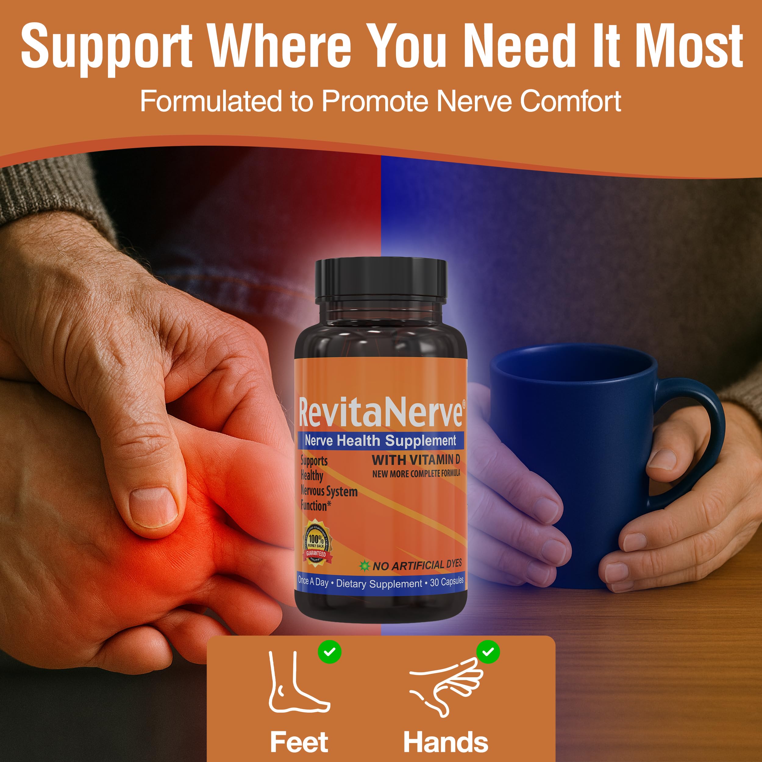 RevitaNerve bottle on desk suggests practical daily regimen for active living.