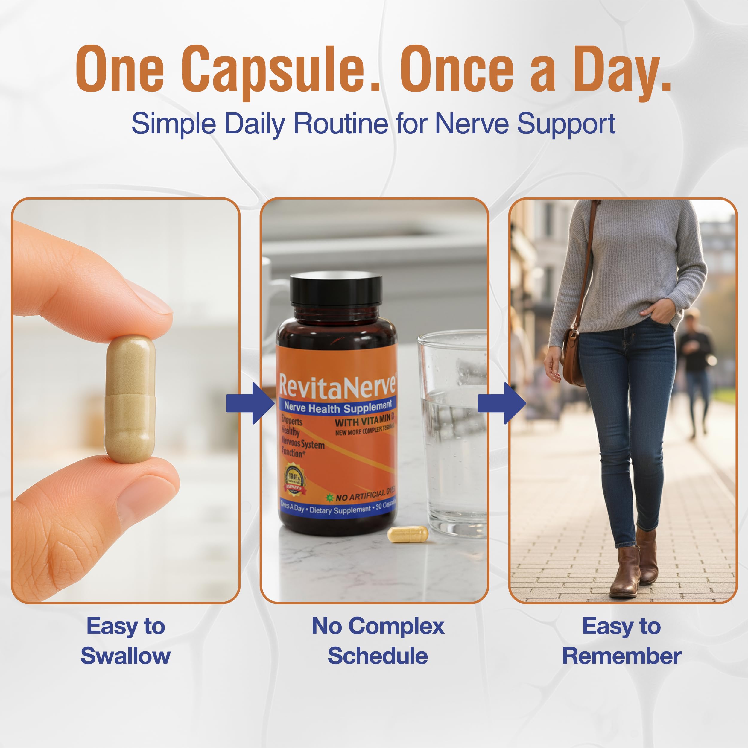 RevitaNerve capsules closeup shows compact capsules for easy daily swallowing.