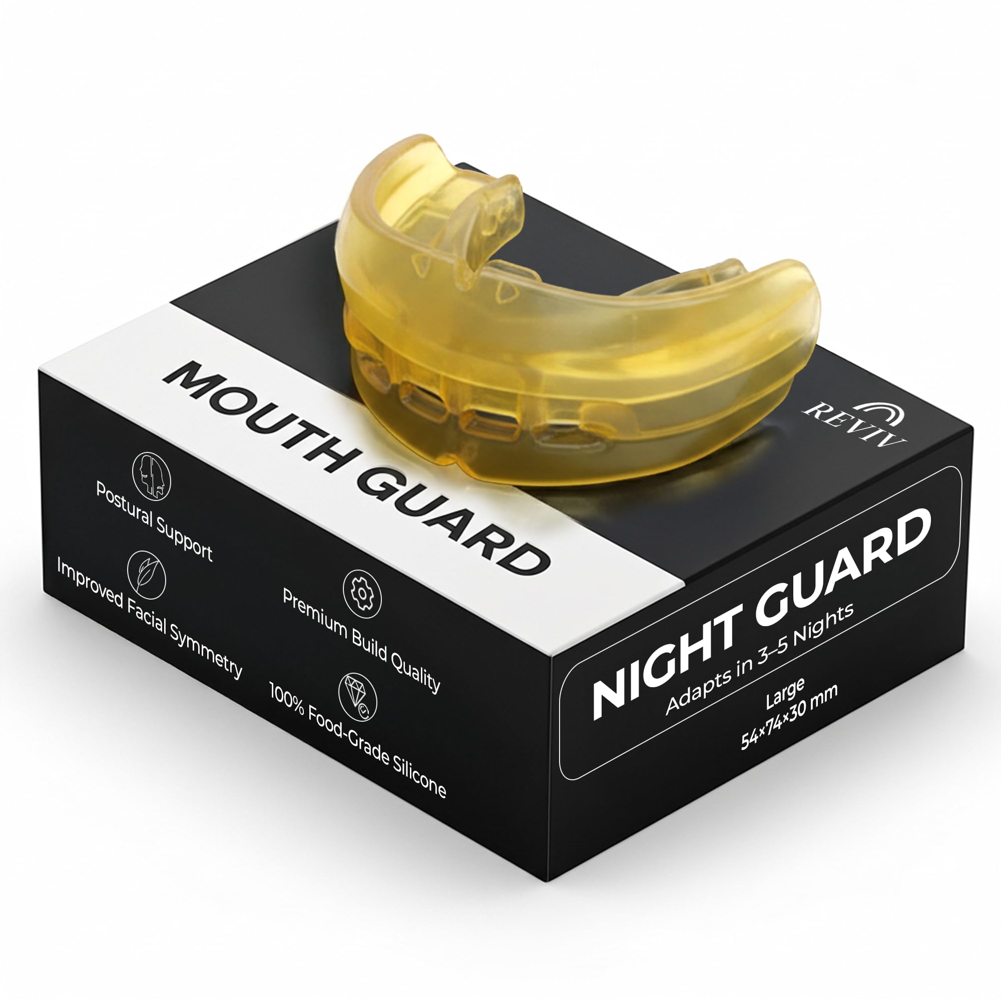 Reviv R1 mouth guard comfort-fit adapts to teeth for nightly grinding protection.
