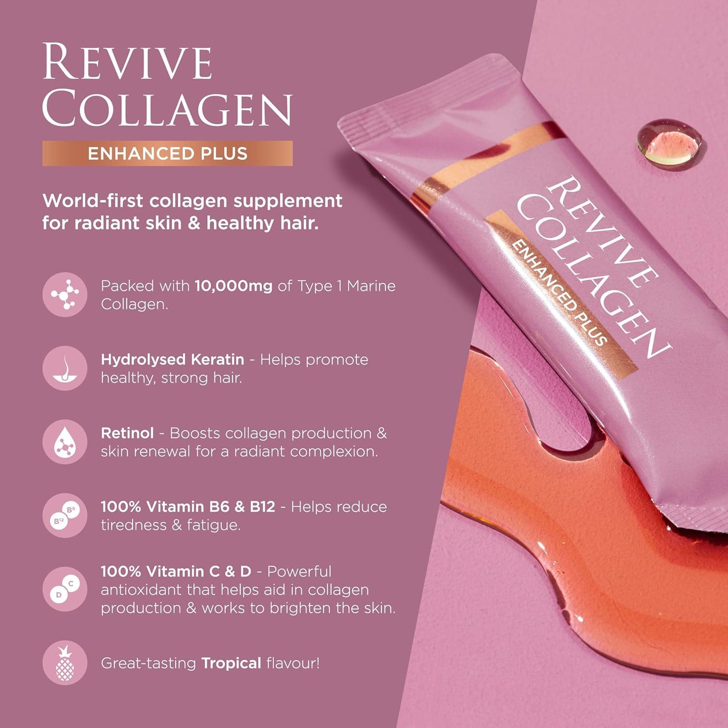 Revive Collagen Enhanced Plus smoothie-mix image depicts blending into smoothies for tropical flavor