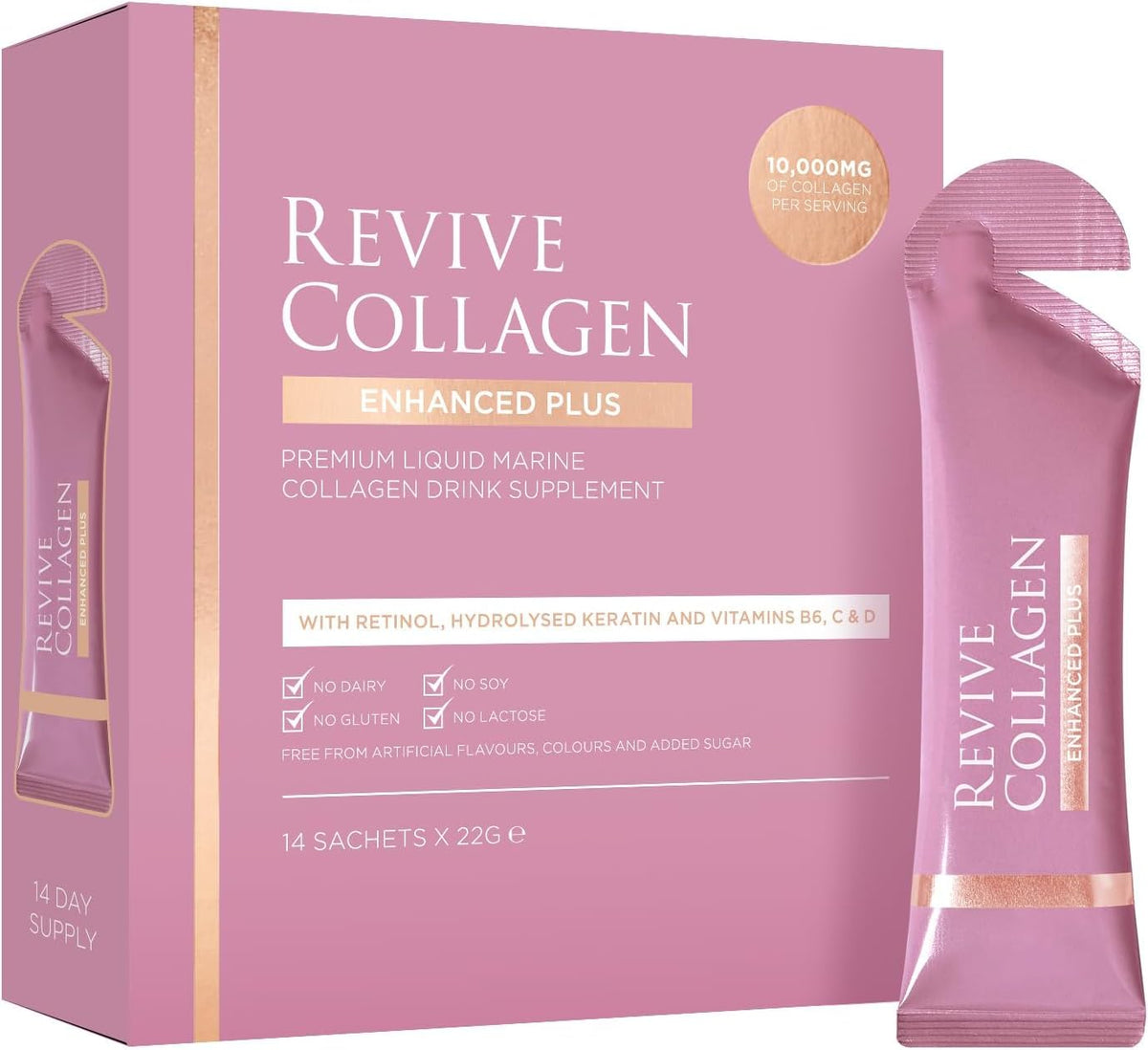 Revive Collagen Enhanced Plus tropical bottle shows a refreshing, sugar-free collagen boost for daily beauty routines