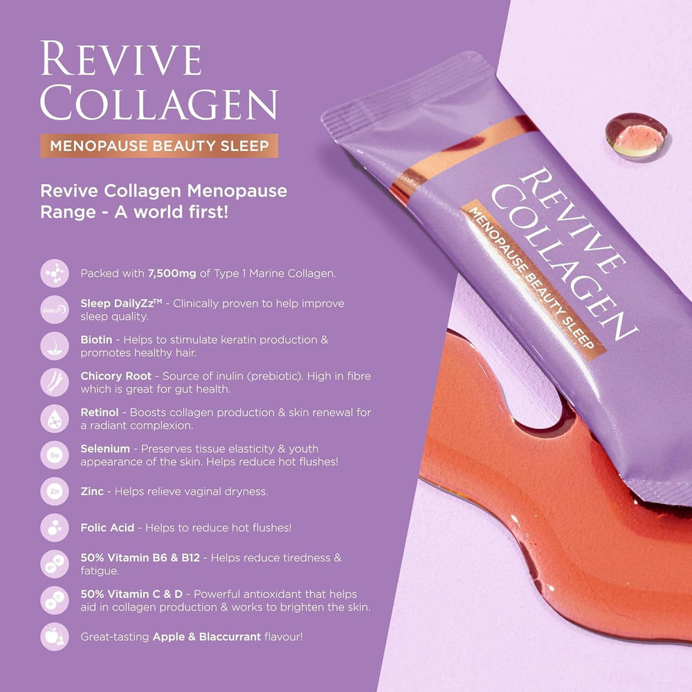 Revive Collagen menopause beauty sleep flavor apple-blackcurrant—enjoyable bedtime drink.