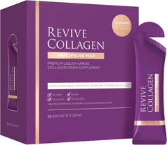 Revive Collagen Menopause Max bottle close-up highlighting pineapple-coconut flavor for daily skin support.