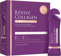 Revive Collagen Menopause Max bottle pour showing pineapple-coconut flavor for daily skin support