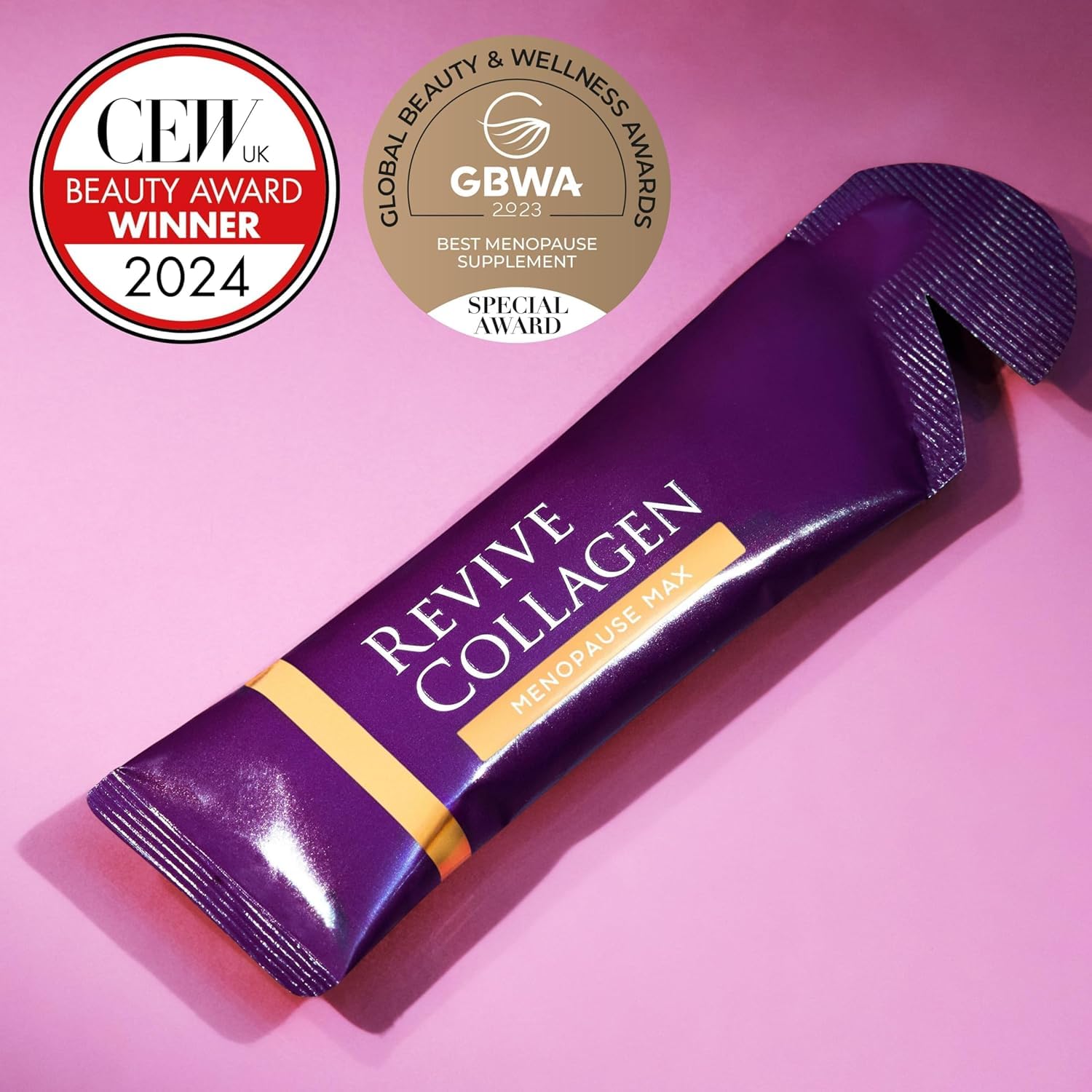Revive Collagen Menopause Max branding shot with vibrant label.