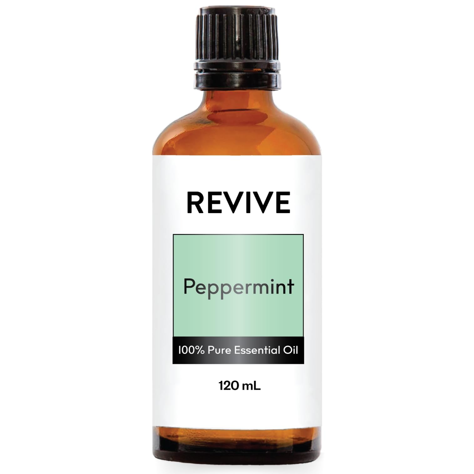 REVIVEEO Peppermint Essential Oil bottle closeup for refreshing aromatherapy sessions.
