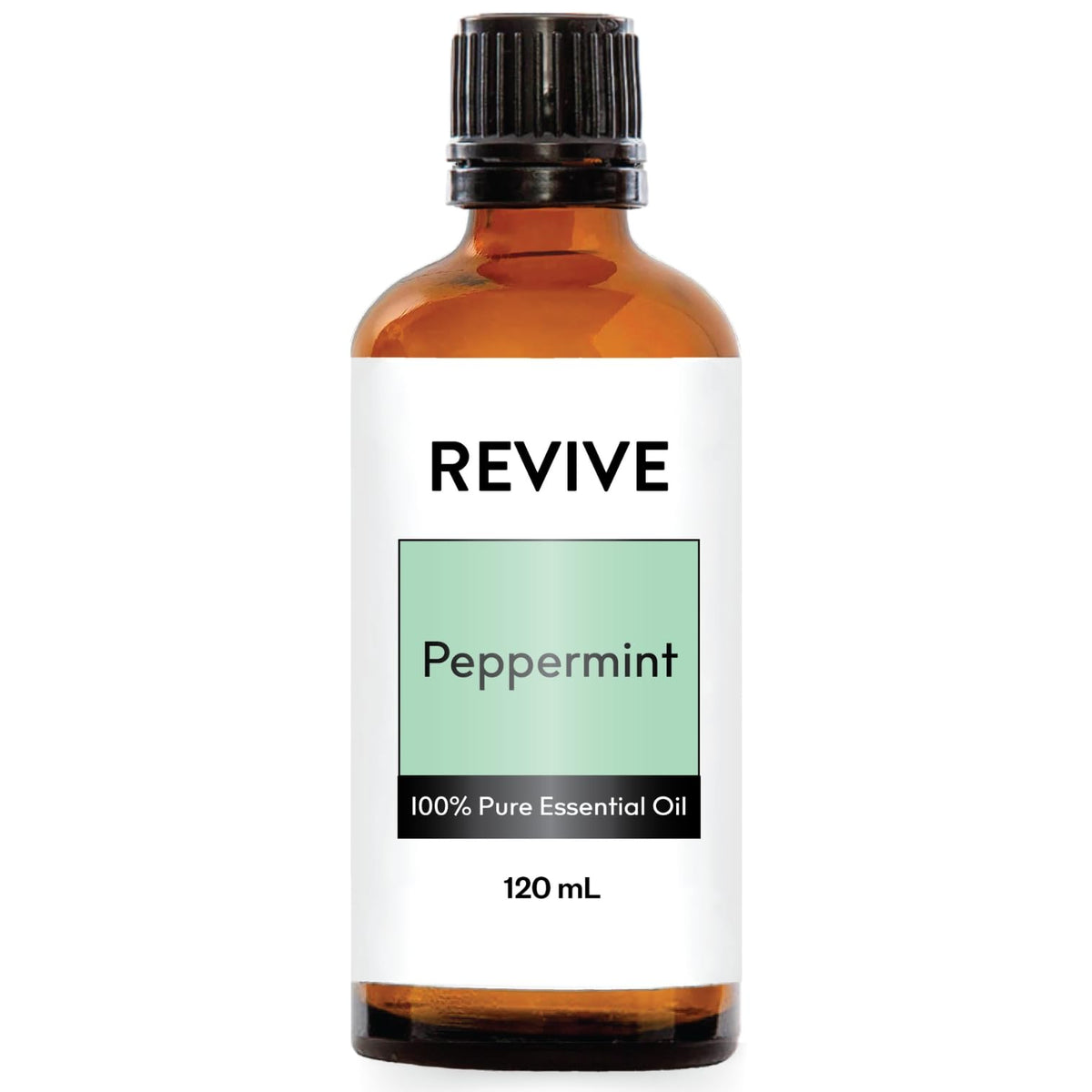 REVIVEEO Peppermint Essential Oil bottle closeup for refreshing aromatherapy sessions.