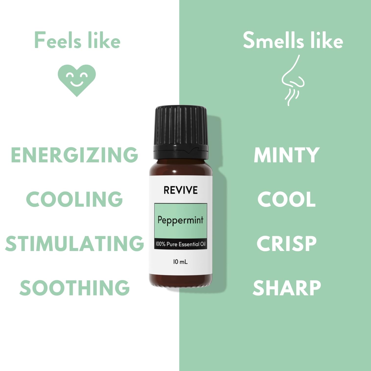 REVIVEEO Peppermint oil with dropper highlighting easy dilution for massage.