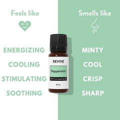 REVIVEEO Peppermint oil with dropper highlighting easy dilution for massage.