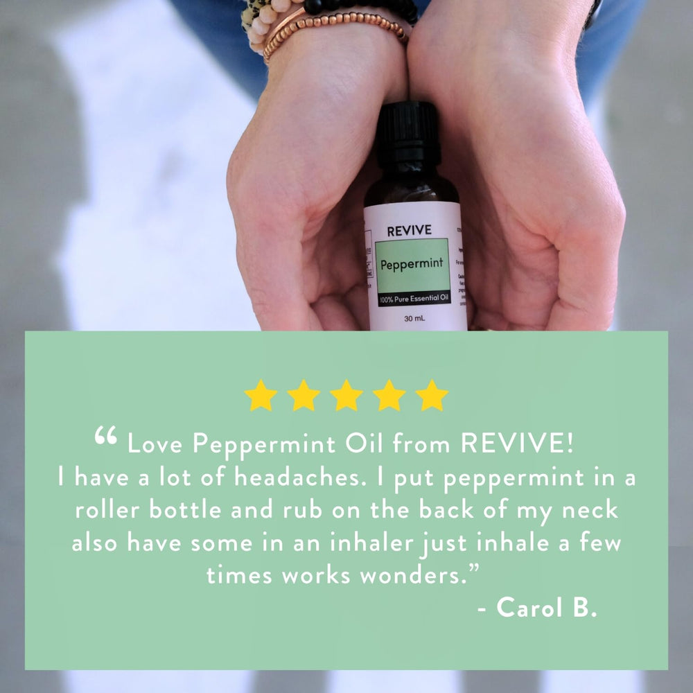 REVIVEEO Peppermint leaves and bottle emphasizing natural blend for skin care.