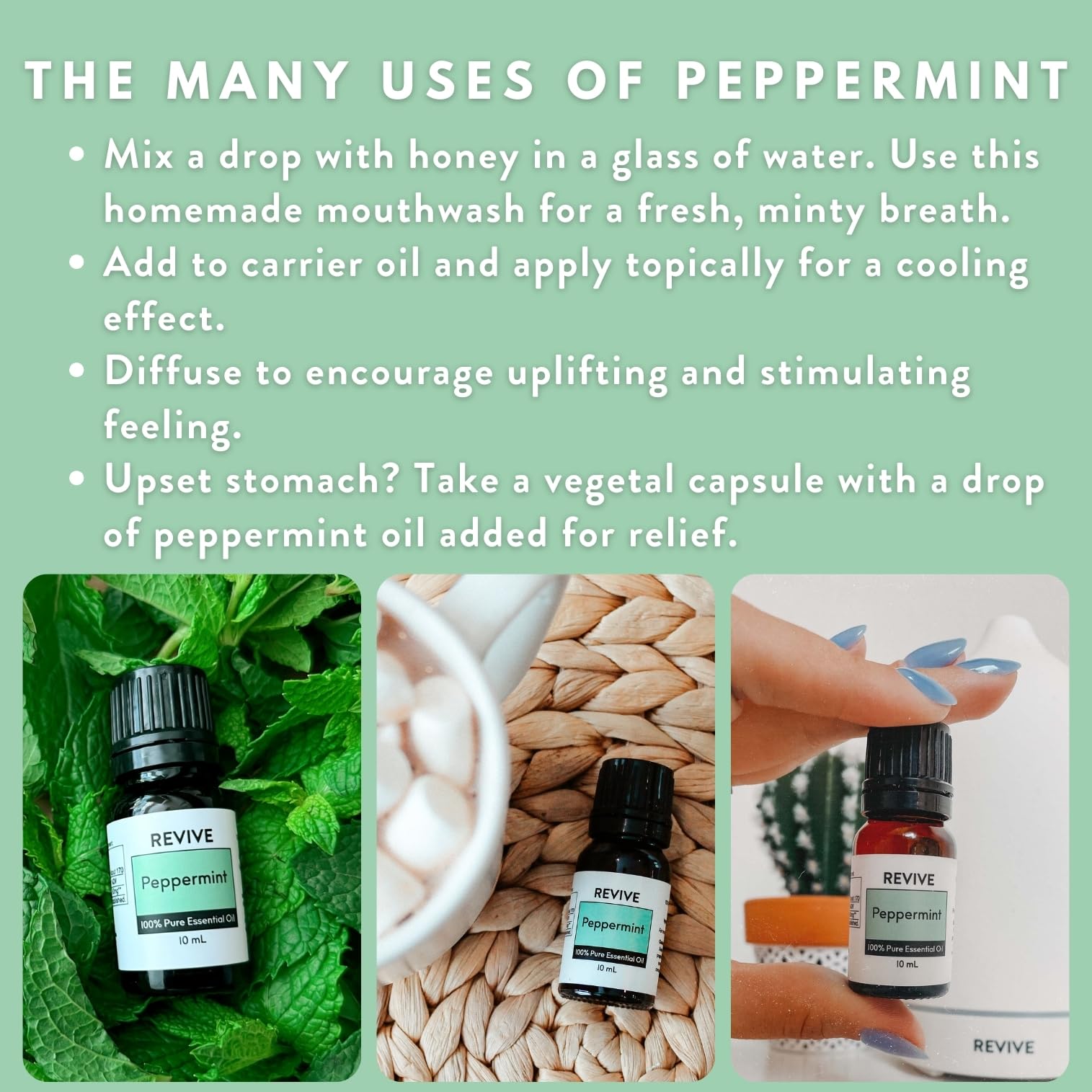 REVIVEEO Peppermint essential oil packaging conveying purity and value.