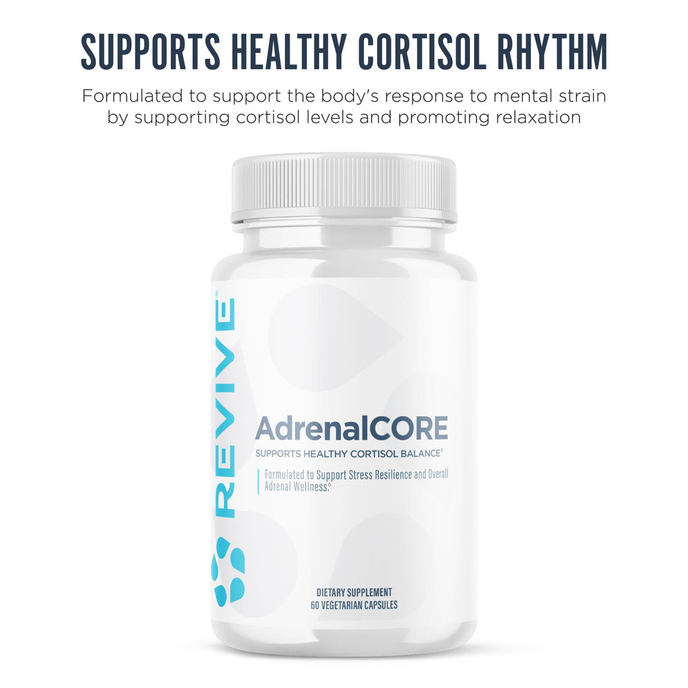 Revive MD AdrenalCORE bottle back with label details and usage cues.