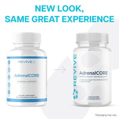 Revive MD AdrenalCORE vegan-friendly label emphasizes allergen-free nutrition.