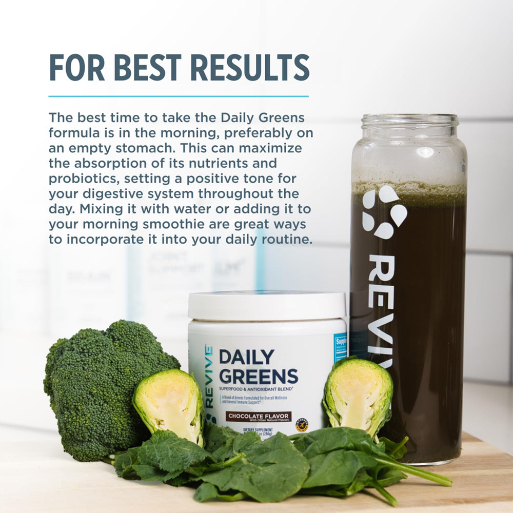 Revive MD Daily Green Powder Chocolate packaging label shows vegan and gluten-free claims