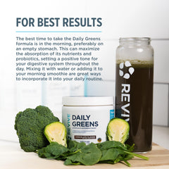 Revive MD Daily Green Powder Chocolate packaging label shows vegan and gluten-free claims