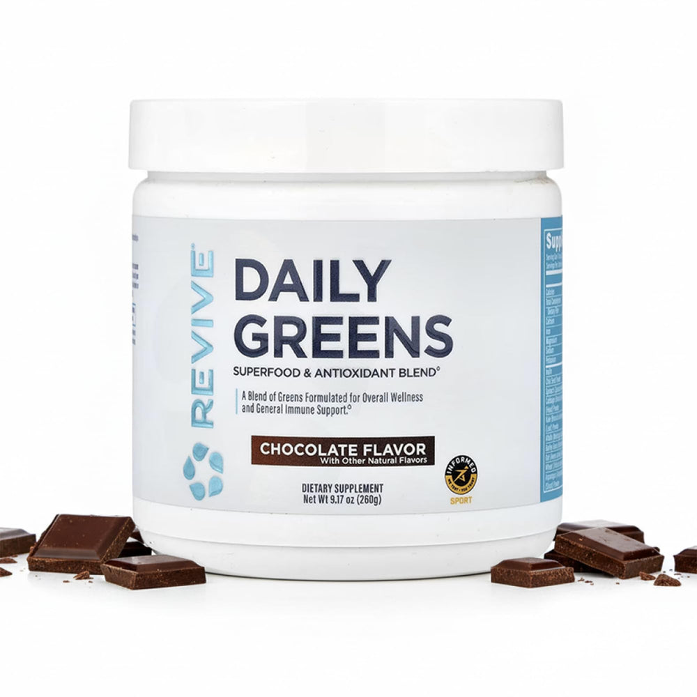 Revive MD Daily Green Powder Chocolate tub for easy daily greens nutrition