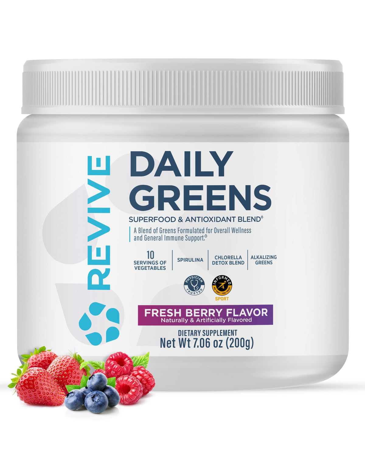Revive MD Daily Green Powder Fresh Berry tub for daily greens boost