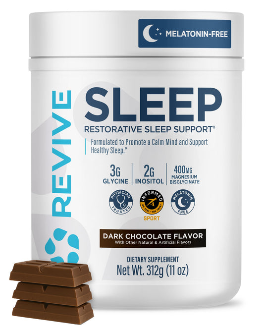Revive MD dark chocolate sleep support bottle for nighttime relaxation.