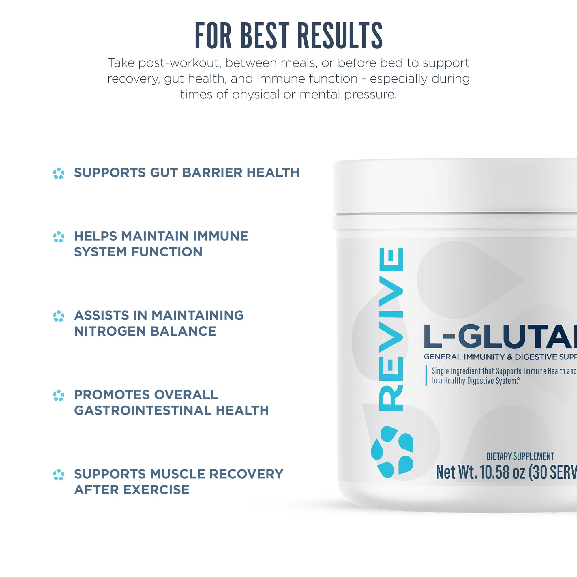 Revive MD glass with water and powder suggests convenient workout-day hydration.