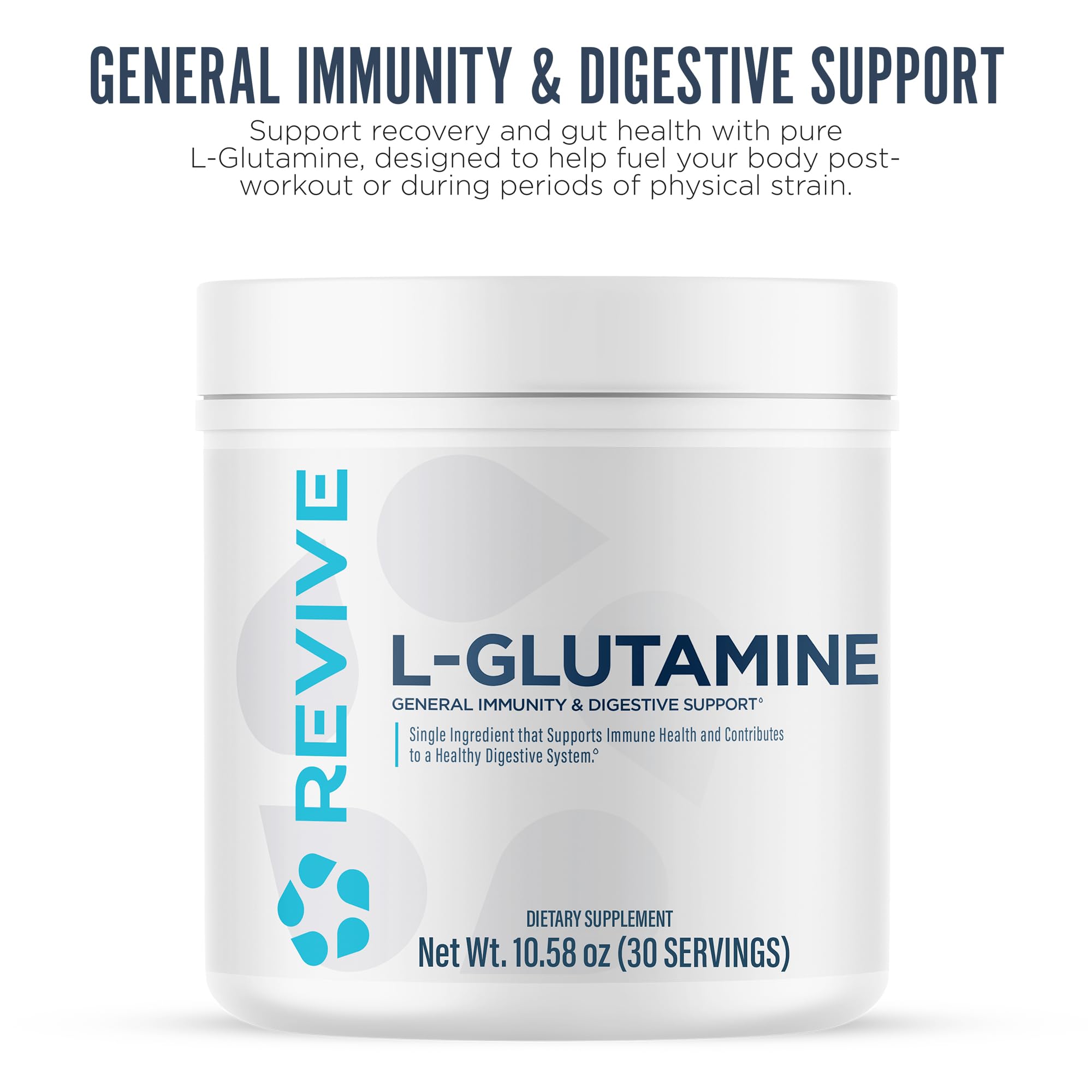 Revive MD L-Glutamine scoop resting beside powder indicates easy daily mixing.