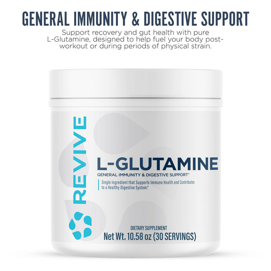 Revive MD L-Glutamine scoop resting beside powder indicates easy daily mixing.