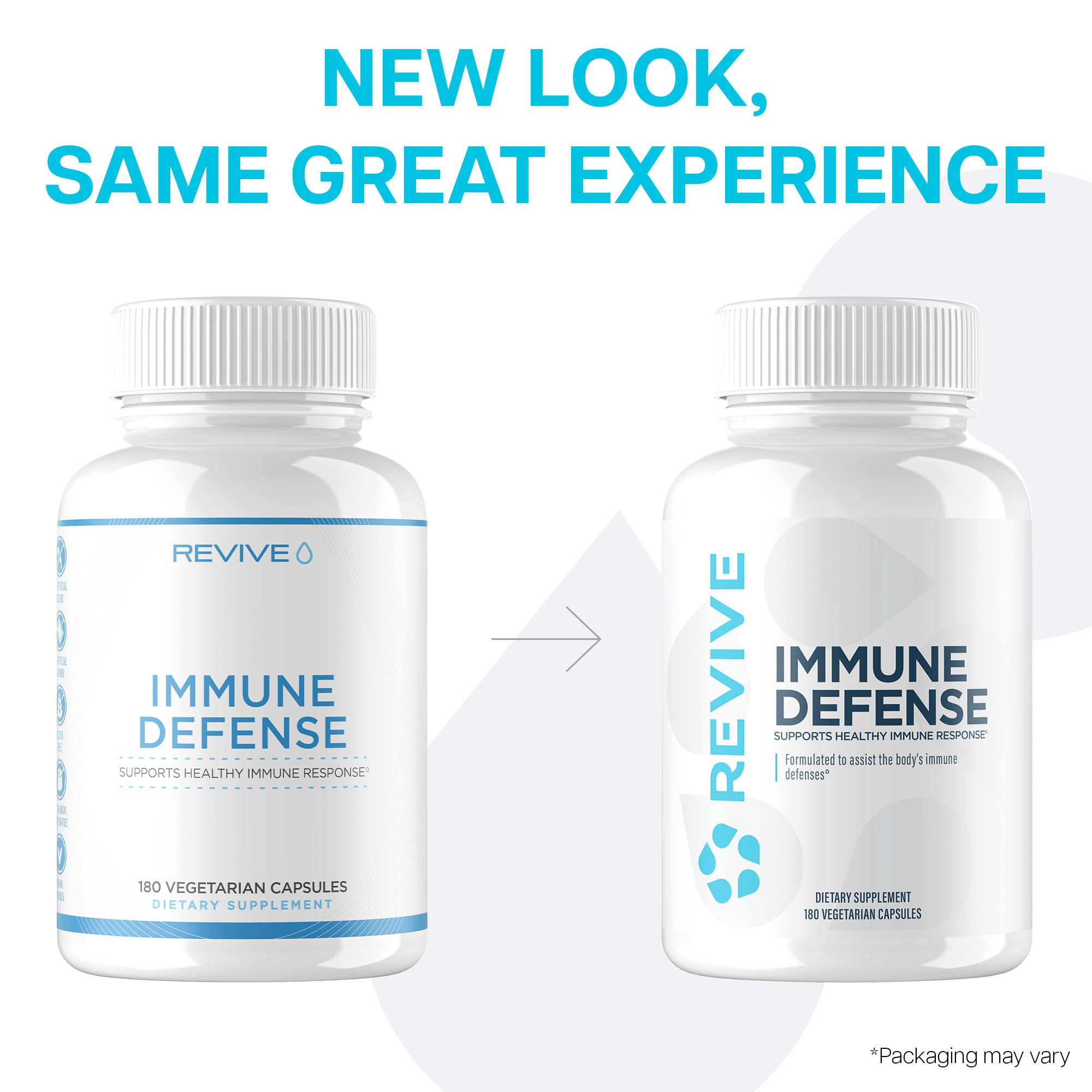 Revive MD Immune Defense bottle highlights vegan gluten-free soy-free formula for allergen-friendly immune support.