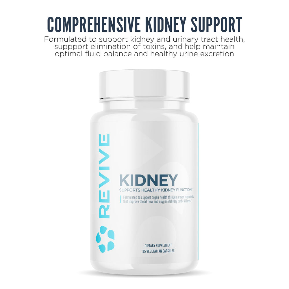 Revive MD Kidney Support label highlighting vegan-friendly formula.