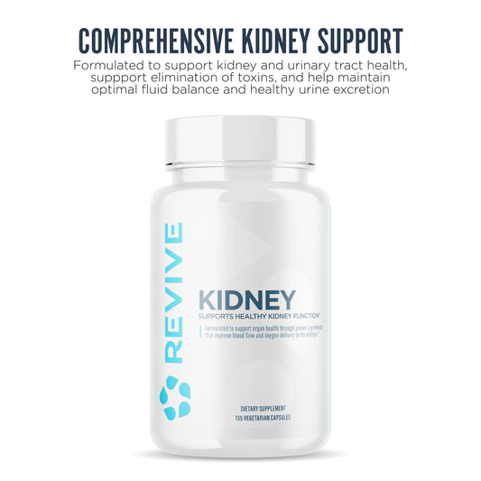 Revive MD Kidney Support label highlighting vegan-friendly formula.