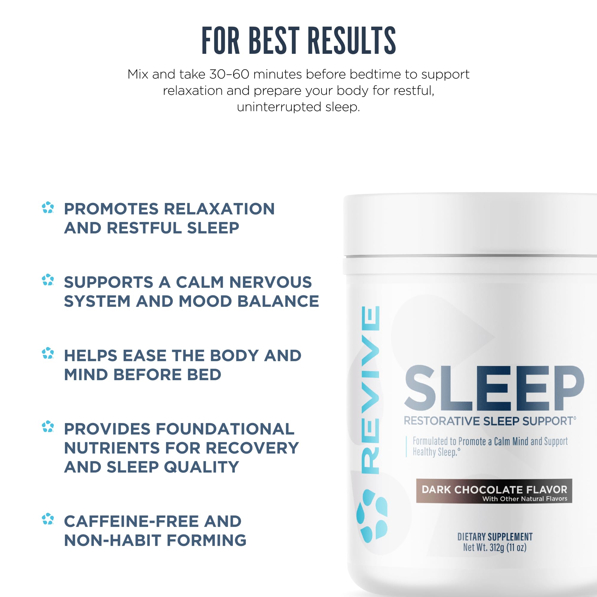 Revive MD magnesium and L-theanine blend for mental relaxation before bed.