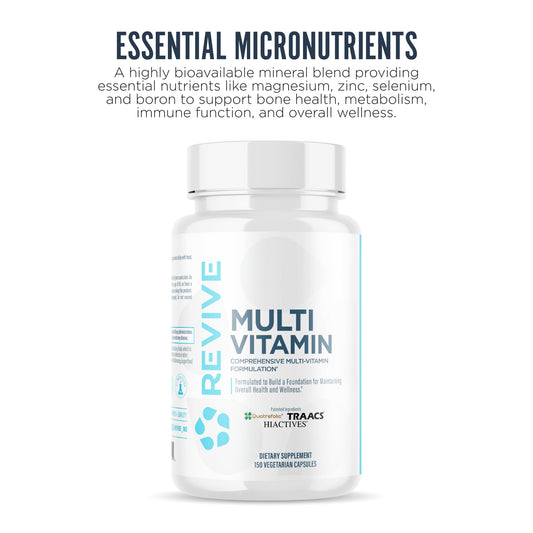 Revive MD Multivitamin capsules ready for daily use with meals to support absorption.