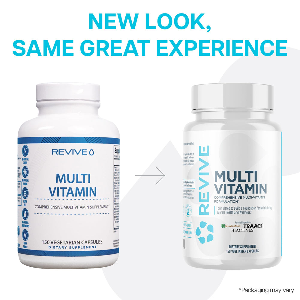 Revive MD Multivitamin ingredients layout featuring folate, C, B12, and magnesium.
